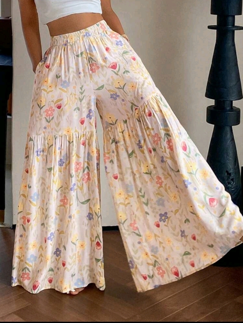 Floral Wide-Leg Tiered Palazzo Pants - Cream Floral